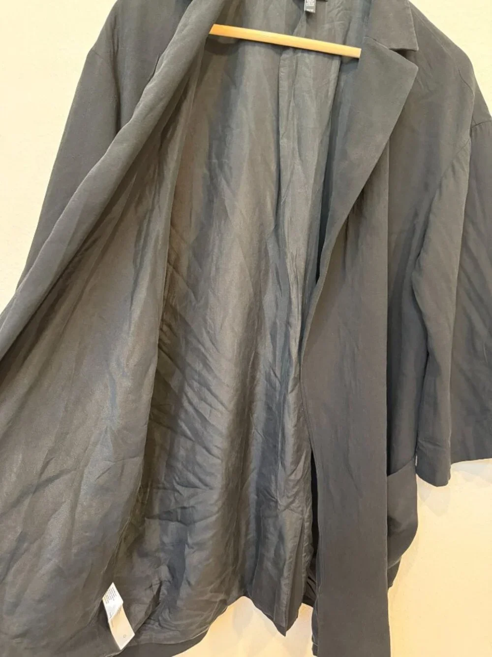 Eileen Fisher 100% Silk Long Open Elbow Sleeve Black Jacket Medium Quiet Luxury
